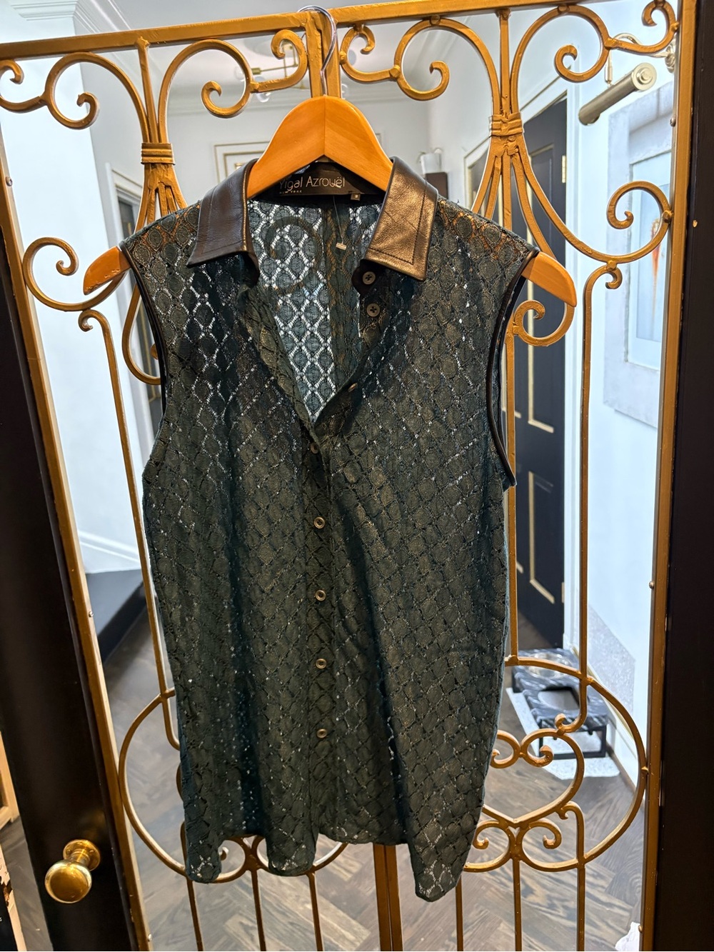 Yigal Azrouel teal silver Sleeveless Button-Down Shirt  Leather Collar size 2